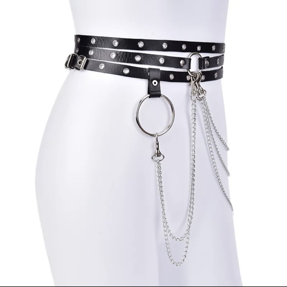 Woman's Black Waist Belt With Chain - Picture 3 of 7
